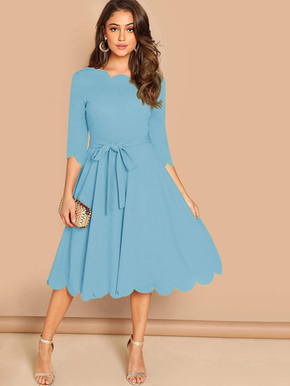 Round NeckThree Quarter Sleeve Scallop Trim  Belted Fit & Flare Dress