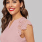 Notched Cap Sleeve V-Cut Guipure Lace Shoulder Top