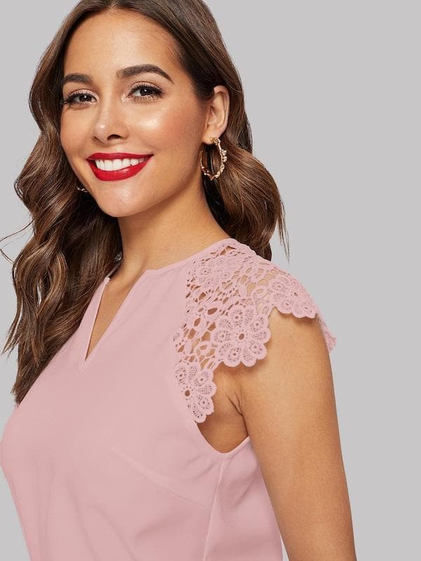 Notched Cap Sleeve V-Cut Guipure Lace Shoulder Top