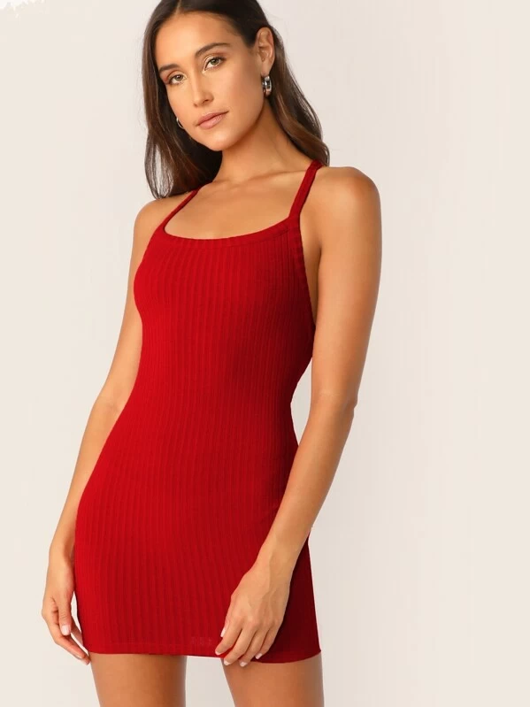 Spaghetti Strap Criss-cross Backless Rib-knit Bodycon Mini Dress