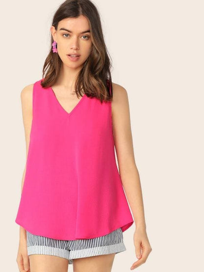 Sleeveless V-neck Flowy Top - Pink