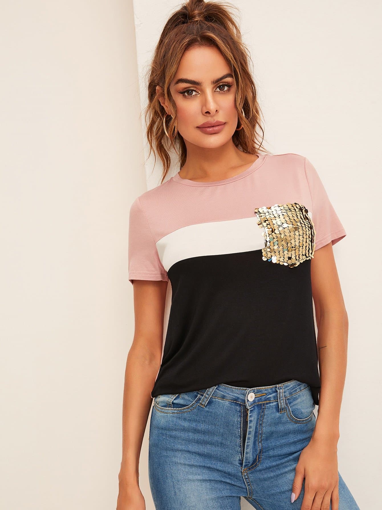 Round Neck Cut and Sew Sequin Pocket Tee Top