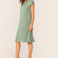 Green Round Neck Petal Sleeve Pleated Front Dress
