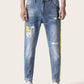 Blue Straight Leg Button Fly Contrast Side Ripped Jeans