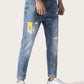 Blue Straight Leg Button Fly Contrast Side Ripped Jeans