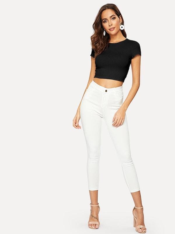 Round Neck Cap Sleeve Form Fitted Glitter Crop Top
