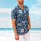 Blue Notched Short Sleeve Floral Print Shirt