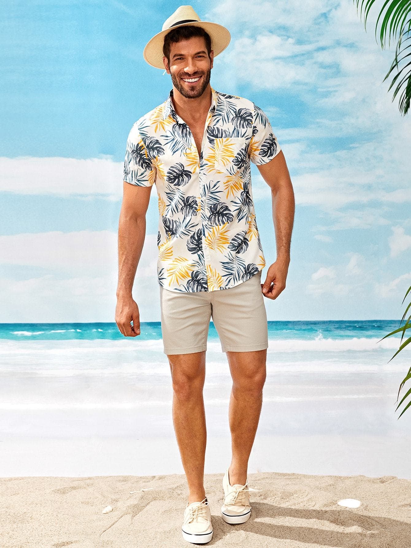 Short Sleeve Tropical Print Curved Hem Shirt