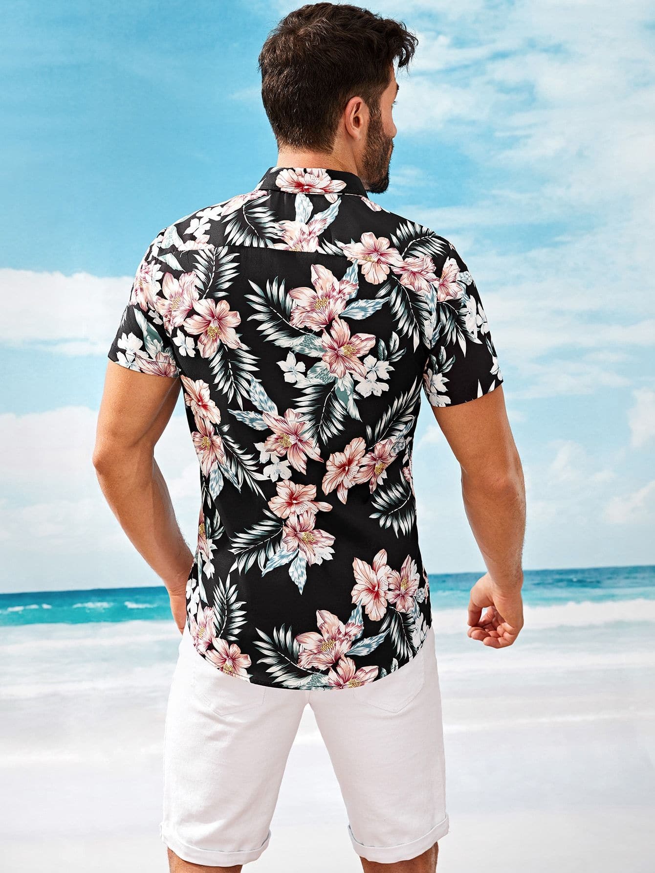 Black Short Sleeve Floral Print Shirt
