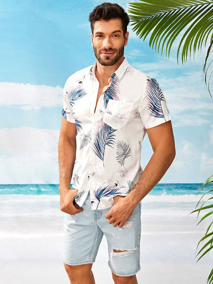 White Short Sleeve Leaf Print Pocket Front Shirt