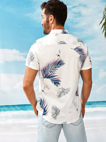 White Short Sleeve Leaf Print Pocket Front Shirt