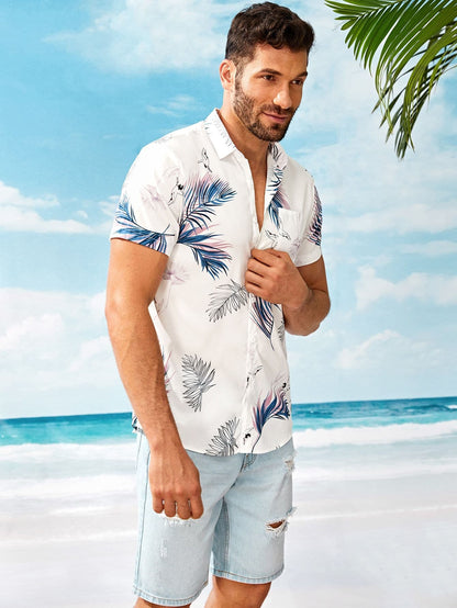 White Short Sleeve Leaf Print Pocket Front Shirt