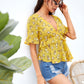 Yellow Short Sleeve Ditsy Floral Deep V-neck Ruffle Trim Babydoll Top