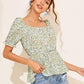Square Neck Pastel Green Short Sleeve Ditsy Floral Square Neck Smock Top