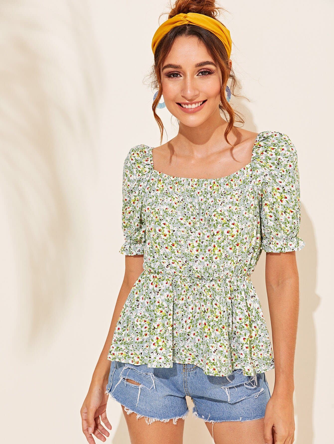 Square Neck Pastel Green Short Sleeve Ditsy Floral Square Neck Smock Top