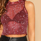 Round Neck Lettuce Edge Star Glitter Sheer Top Without Bra
