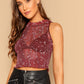 Round Neck Lettuce Edge Star Glitter Sheer Top Without Bra