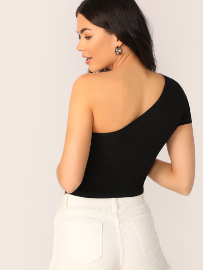 Black One Shoulder Slim Fitted Crop Top