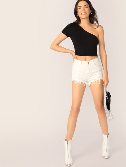 Black One Shoulder Slim Fitted Crop Top