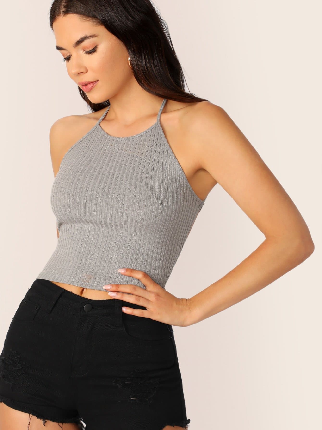 Backless Lace-up Open Back Rib-knit Halter Crop Top
