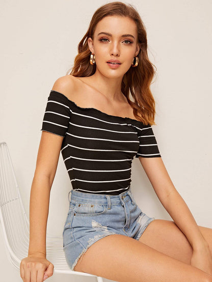 Slim Fit Off Shoulder Lettuce Trim Rib-knit Striped Top