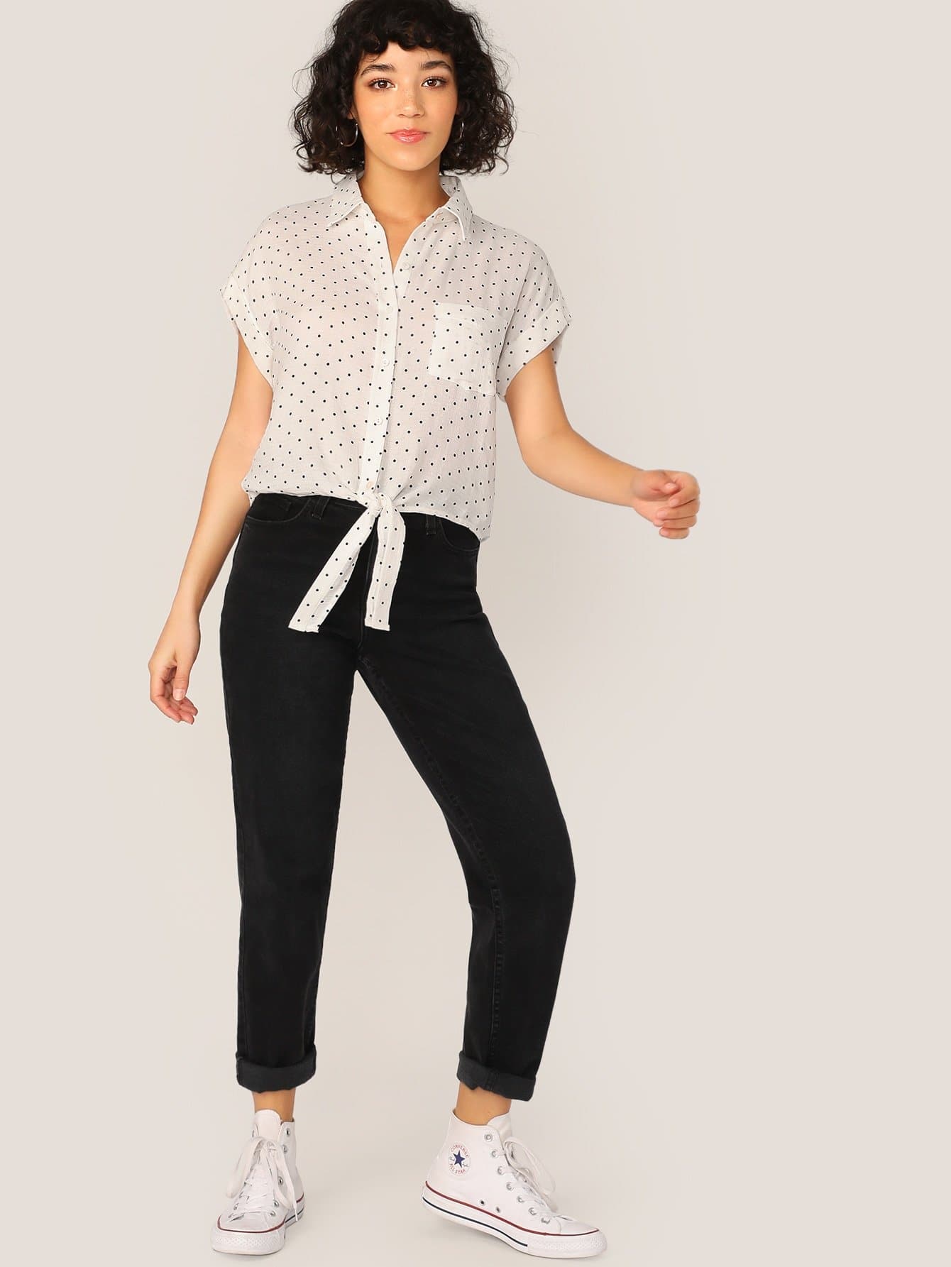 Black and White Button Front Tie Hem Cuff Sleeve Polka Dot Shirt