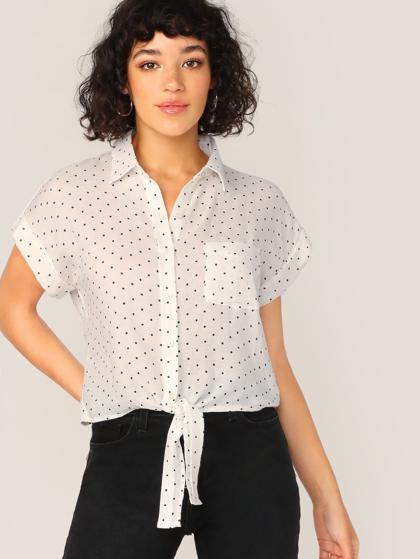 Black and White Button Front Tie Hem Cuff Sleeve Polka Dot Shirt