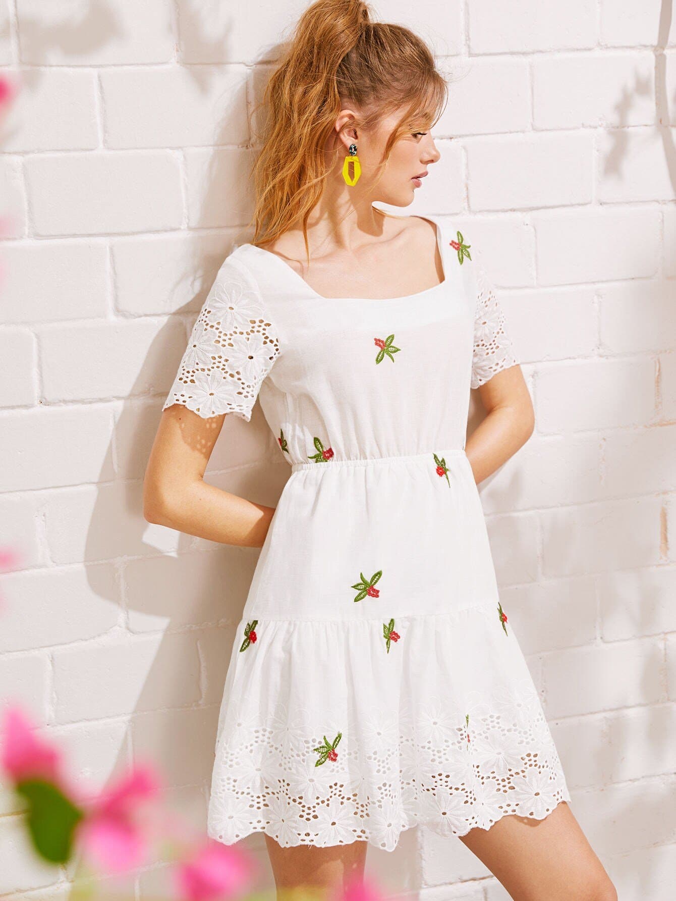 White Boho Eyelet Embroidery Square Neck Dress