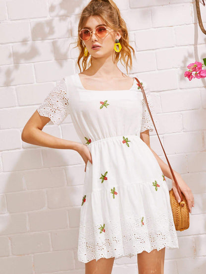 White Boho Eyelet Embroidery Square Neck Dress