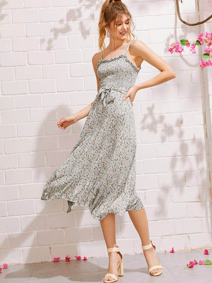 Boho Ditsy Floral Shirred Lettuce Frill Cami Dress
