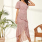 Pink Short Sleeve One Shoulder Ruffle Trim Dip Hem Ditsy Floral Dress