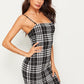 Sleeveless Spaghetti Strap Houndstooth Print Slip Pencil Dress