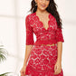 Red Slim Fit V-Neck Half Sleeve Plunge Neck Lace Top & Skirt Set
