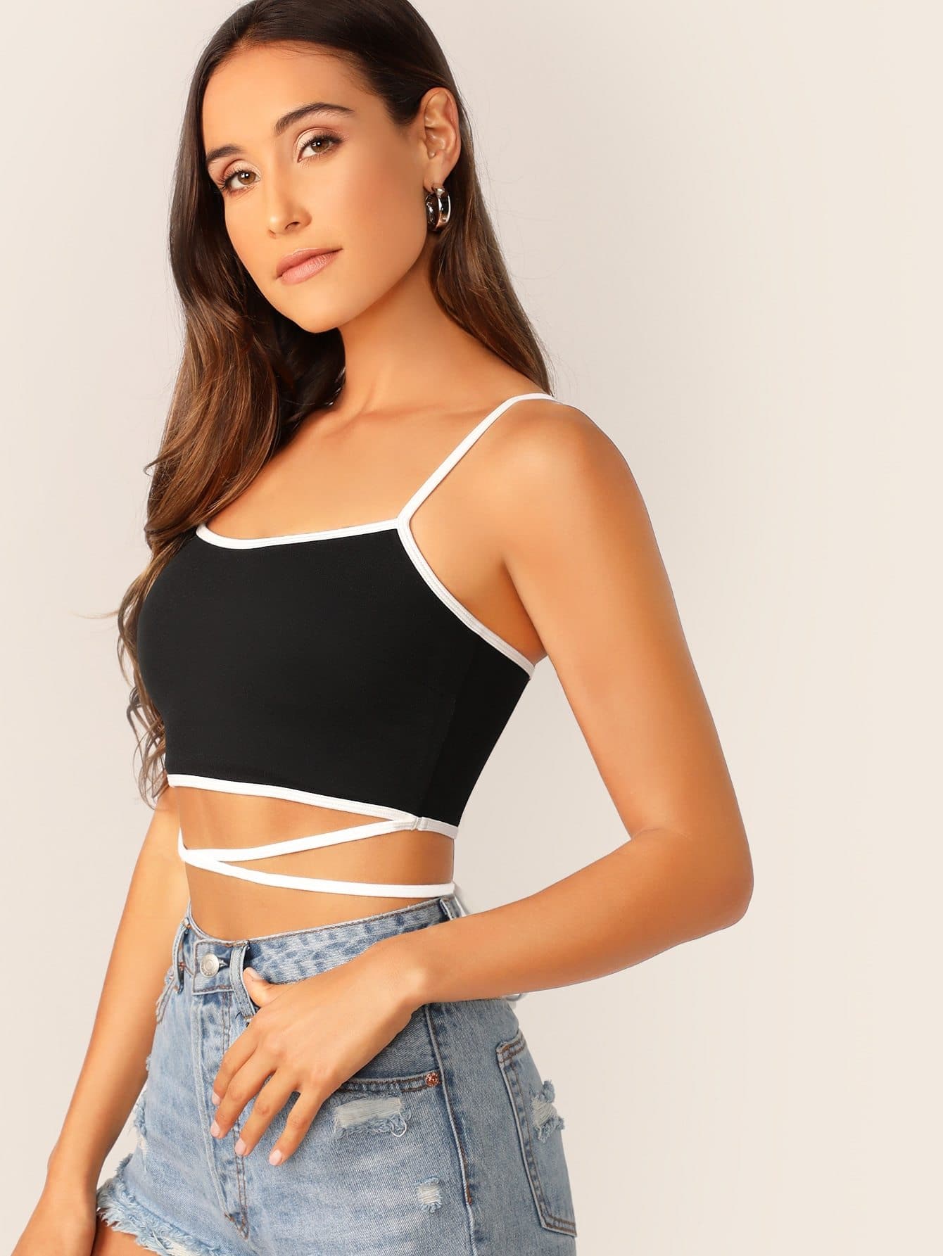 Black and White Spaghetti Strap Crop Tank Top With Wrap Detail