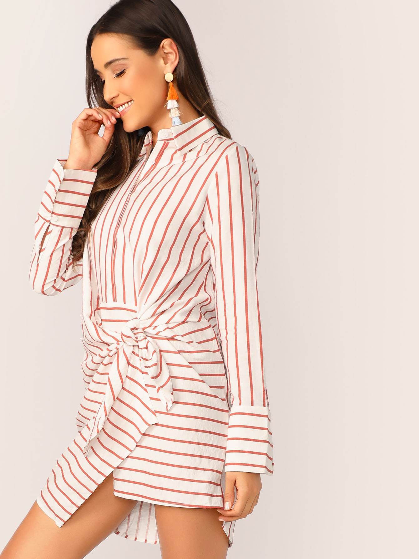 Twist Long Sleeve Stripe Boyfriend Shirt Dress