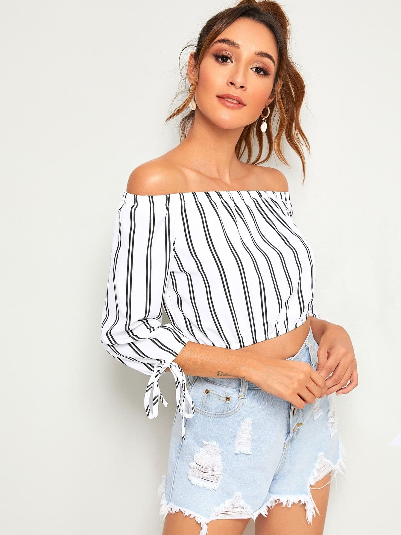 Black and White Striped Three Quarter Sleeve Off Shoulder Knot Cuff Blouse