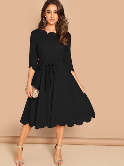 Round NeckThree Quarter Sleeve Scallop Trim  Belted Fit & Flare Dress