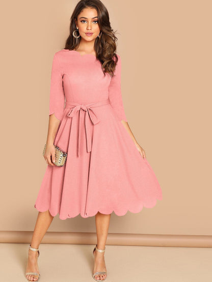 Round NeckThree Quarter Sleeve Scallop Trim  Belted Fit & Flare Dress