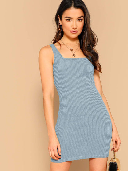 Square Neck Sleeveless Solid Rib-knit Tank Bodycon Dress