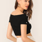 Black Asymmetrical Slim Fit Off Shoulder Pearl Beading Cross Wrap Rib-knit Crop Top