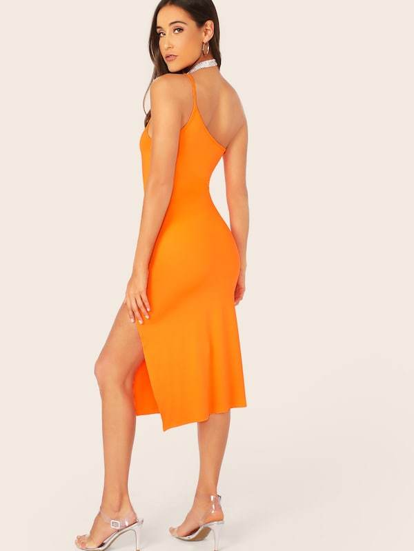 Sleeveless One Shoulder Split Thigh Form Fitted Dress - Orange