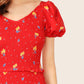 Red V-Neck Short Sleeve Layered Frill Trim Drop Waist Shirred Floral Dress