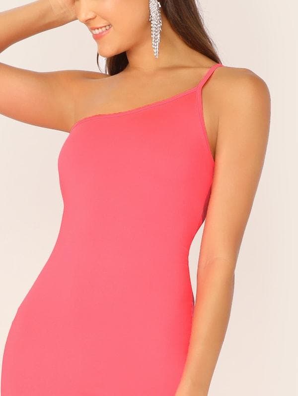 Sleeveless One Shoulder Split Thigh Form Fitted Dress - Pink