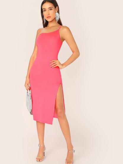 Sleeveless One Shoulder Split Thigh Form Fitted Dress - Pink