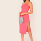 Sleeveless One Shoulder Split Thigh Form Fitted Dress - Pink