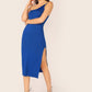 Sleeveless One Shoulder Split Thigh Form Fitted Dress - Blue