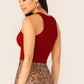 Round Neck Rib-Knit Lettuce Trim Solid Top