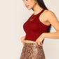 Round Neck Rib-Knit Lettuce Trim Solid Top