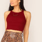Round Neck Rib-Knit Lettuce Trim Solid Top