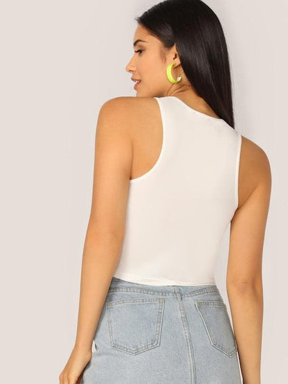Scoop Neck Solid Fitted Tank Top - White